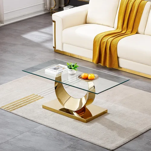 Miniatura 64 de Mesa de centro de cristal de lujo, mesa de centro de sofá de 47 pulgadas con marco de acero inoxidable dorado y parte superior de vidrio negro, mesa
