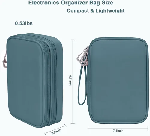 Miniatura 2 de Organizador de viaje electrónico para cables, cables, cargadores, Tech Essentials, doble capa (azul aguamarina, PU-L)