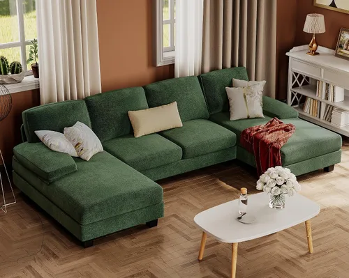 Miniatura 15 de Furmax - Sofás seccionales para sala de estar, sofá en forma de U con tela de lino, juego de sofá de 4 plazas con doble chaise para apartamento Beige