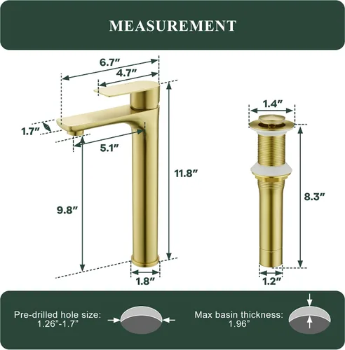 Miniatura 5 de TONNY Grifo de lavabo dorado, grifo alto dorado cepillado para fregadero de baño, 1 agujero, grifo de tocador de lavabo de una sola manija con Oro