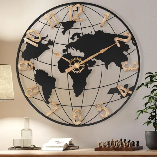 Pytha Sight Reloj de pared grande de 24 pulgadas, reloj decorativo moderno y silencioso de metal con mapa mundial para decoración de sala de estar,