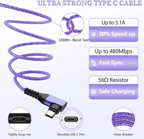 Miniatura 4 de Cable USB tipo C de 6 pies, 3 unidades de cable de carga rápida en ángulo recto, cable de carga USB C de 3.1 A para iPhone 17 16 15 Samsung Galaxy