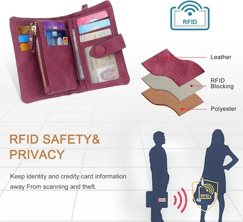 Miniatura 3 de CONISY Billeteras pequeñas de pulsera para mujer, billetera de cuero plegable RFID con ventana de identificación y cremallera