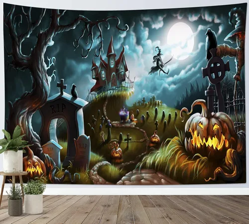 Miniatura 31 de HVEST Tapiz de noche de Halloween, tapiz para colgar en la pared, bosque embrujado con tumba y calabazas, manta de pared para dormitorio, sala
