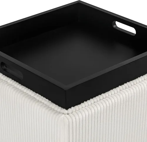 Miniatura 8 de Adeco Otomana de almacenamiento cuadrado de 17" con tapa de bandeja reversible, reposapiés de pana para sala de estar, pequeña mesa de café y mesa