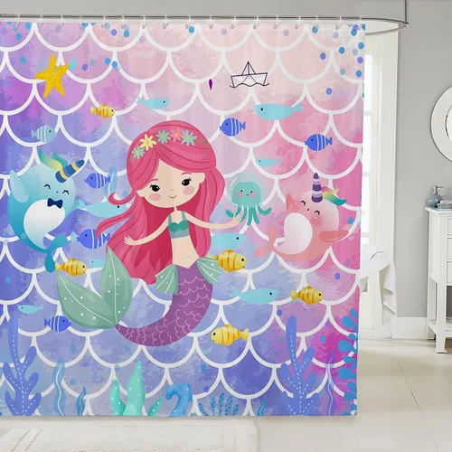 Cortina de ducha de sirena, decoración de baño con escala de acuarela, habitación para niños y niñas, mujeres, caricaturas, delfín, pulpo,