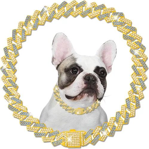 Miniatura 8 de Cadena de metal con diamantes para perros con hebilla segura, collares para mascotas para perros grandes y medianos Azul Blanco