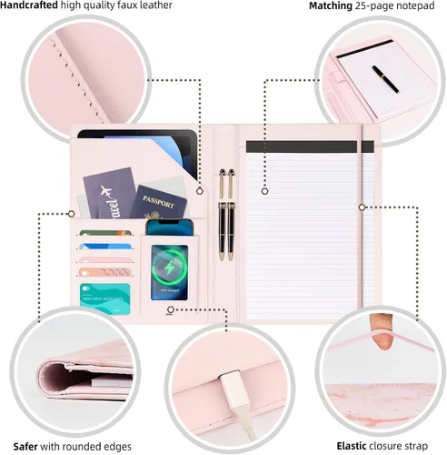 Miniatura 3 de Ospelelf Portapapeles de almacenamiento rosa para mujer, folio con bloc de notas, carpeta de cuero para profesores Elemento en polvo