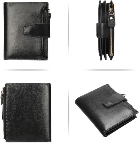 Miniatura 6 de FT FUNTOR Cartera pequeña para mujer, de piel auténtica, plegable, compacta, con bloqueo RFID, bolsillo con cremallera, ranuras para tarjetas