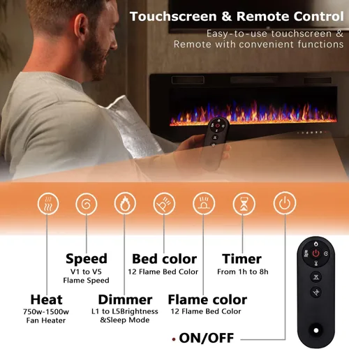 Miniatura 4 de Vitesse Chimenea eléctrica ultrafina de 50 pulgadas, con bisel estrecho, calentador de chimenea lineal empotrado en la pared, control remoto