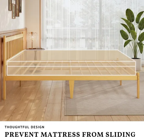 Miniatura 5 de Askeld Base de cama individual de madera con cabecero, plataforma de bambú sólido de 14 pulgadas de alto, no necesita somier, marco de cama