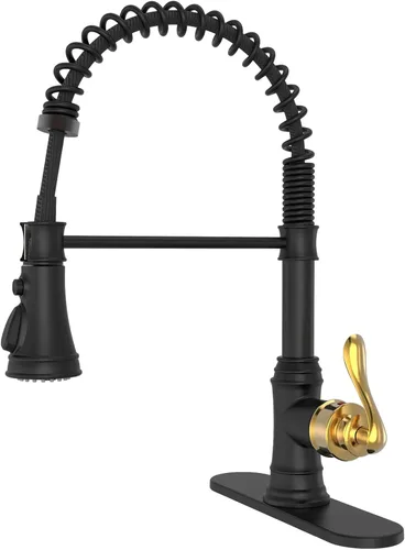 BWE Grifo de cocina, grifo de fregadero de cocina con rociador extraíble, grifo de arco alto de una sola manija en negro y oro cepillado con 3 modos