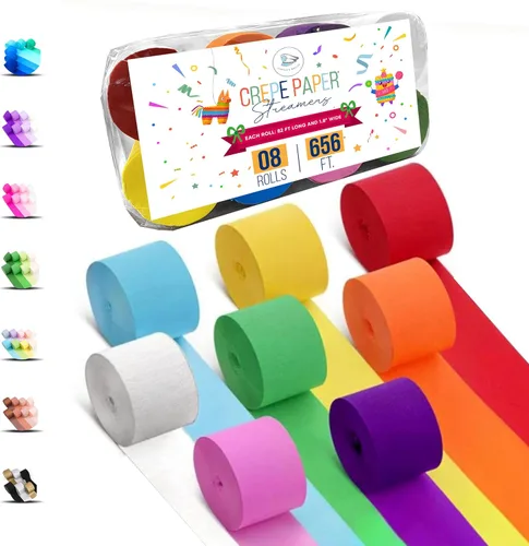 Miniatura 33 de 12 rollos de serpentinas de arcoíris únicos, paquete de 12 rollos de papel crepé arcoíris únicos de 984 pies para decoraciones de fiestas, Multicolor