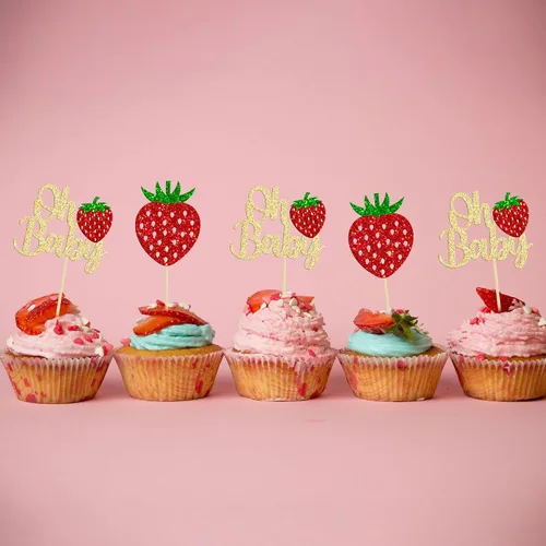 Miniatura 6 de Ephlyn Paquete de 24 adornos dorados para cupcakes Sweet Oh Baby de fresa, para baby shower, cumpleaños, cumpleaños, cupcakes, suministros de fiesta