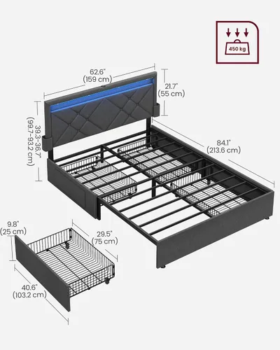 Miniatura 2 de VASAGLE Base de cama LED tamaño Queen, cama Queen con cabecera y 4 cajones, 1 puerto USB y 1 puerto tipo C, cabecera tapizada ajustable de 36.7/39.3