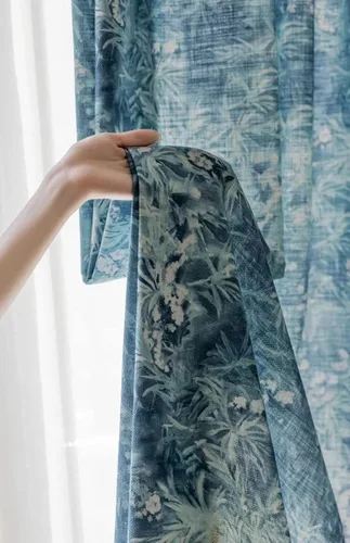 Miniatura 4 de Cortinas azules para ventana de sala de estar de 84 pulgadas de largo, juego de 1 panel largo de lino de algodón con textura floral, cortinas