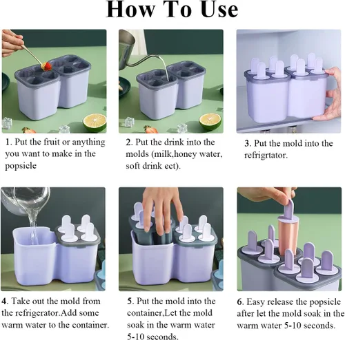 Miniatura 6 de HOMQUEN Moldes para paletas de hielo, 8 piezas, molde reutilizable para helado de fácil liberación para niños, moldes de paletas caseras de muchas