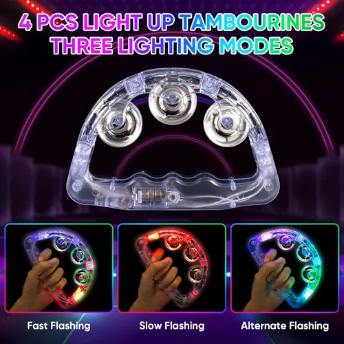 Miniatura 4 de Panderetas musicales con luz LED: pandereta intermitente de mano que brilla en la oscuridad, suministros de fiesta, panderetas LED, instrumento