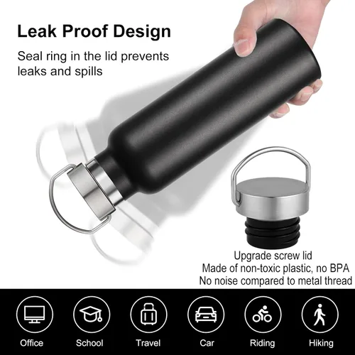 Miniatura 4 de Neihepal Botellas de agua de acero inoxidable negras, botella de viaje de doble pared con aislamiento al vacío de 20 onzas con tapa a prueba