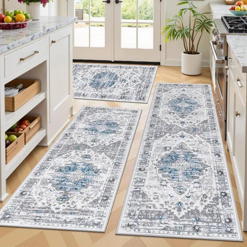 Miniatura 15 de Ileading Juego de 3 alfombras de cocina bohemias con corredor, alfombra de cocina, alfombras y tapetes antideslizantes lavables para cocina, suelo