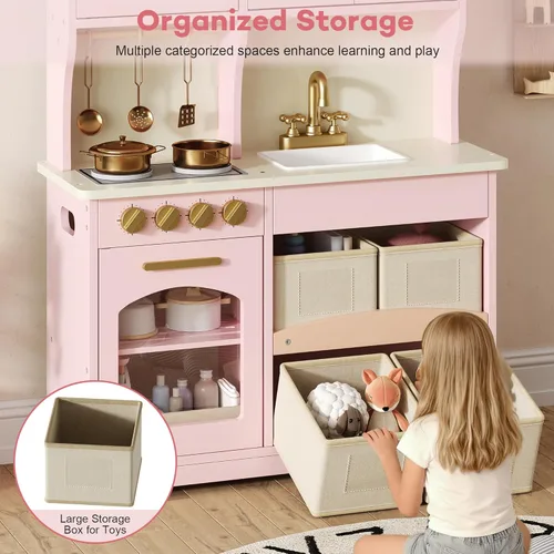 Miniatura 2 de knoworld Cocina de Juguete para Niños, Juego de Cocina de Madera con Almacenamiento Inteligente y Accesorios, Juego de Cocina para Niños Pequeños