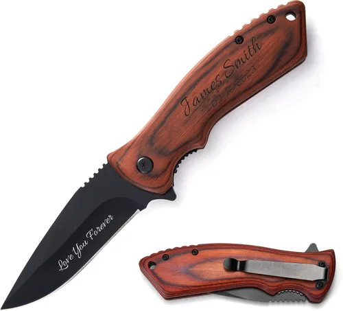 Miniatura 8 de Cuchillo plegable de bolsillo personalizado grabado con caja de madera para novio, marido, papá, hijo, cuchillo de caza de pesca único para hombres