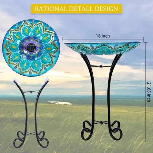Miniatura 3 de Baño de pájaros de vidrio al aire libre con soporte de metal para decoración de césped, jardín y patio, solar, grande, baño de pájaros pavo real