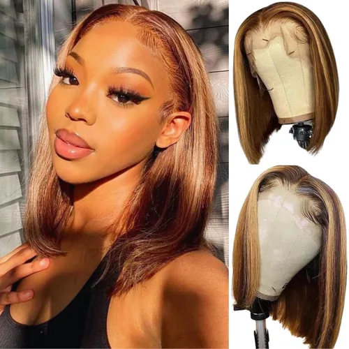Miniatura 30 de ALHER Pelucas de cabello humano con encaje frontal de gorra pequeña #4/27 rubio miel con reflejos, pelucas de encaje frontal de 13 x 4 con cabello