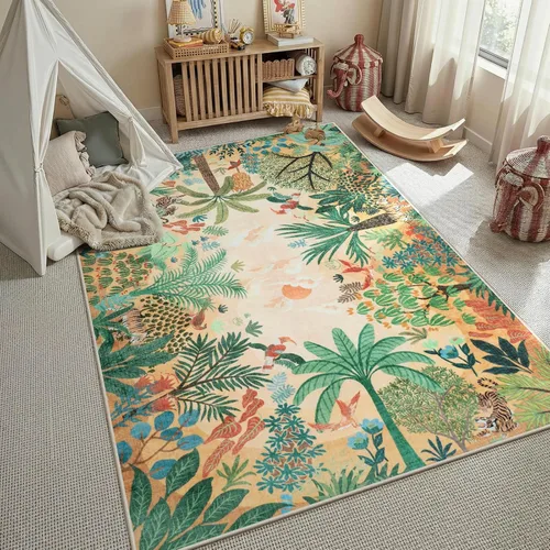 Miniatura 13 de LIVEBOX Alfombra lavable con estampado de animales de la jungla de 5 x 7 pies en azul para sala de estar, alfombras antideslizantes para dormitorio