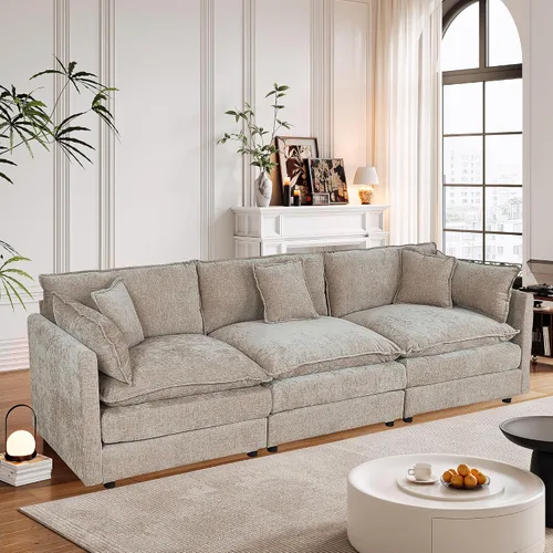 Miniatura 33 de Setawix Sofá Profundo de 3 Plazas con Otomana, Sofás de Nube en Forma de L de 112.2" para Sala de Estar, Sofá de Nube de Chenilla con Asiento Café
