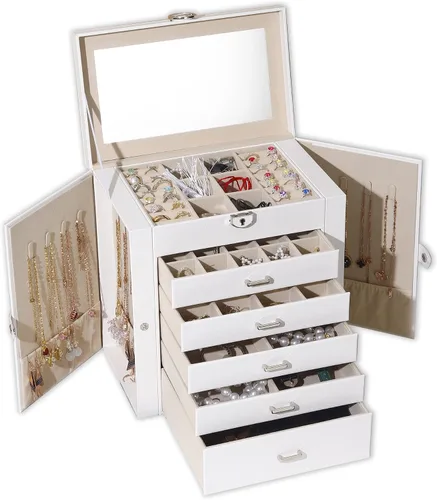 BOOVO Joyero para mujer, organizador de joyas grande de 6 capas con espejo, caja de almacenamiento multifunción con cerradura, soporte para