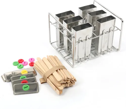 Miniatura 4 de Juego de 6 moldes y estantes de acero inoxidable para paletas – Máquina casera de golosinas de hielo con 50 palos de madera y 6 sellos de silicona