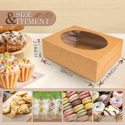 Miniatura 2 de KPOSIYA 65 PCS Cajas para Galletas de 8x6x2.5 Pulgadas con Ventana Cajas Marrones de Panadería Cajas de Repostería para Regalar, Golosinas, Postre