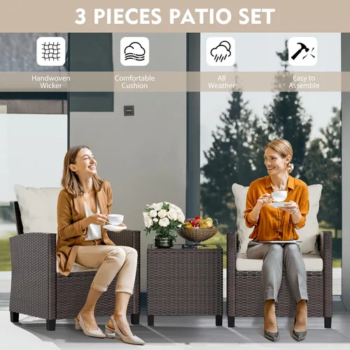 Miniatura 7 de Vongrasig juego de 3 muebles de patio de mimbre para exteriores, pequeño juego de ratán para porche delantero, juego de bistró con sillas acolchadas