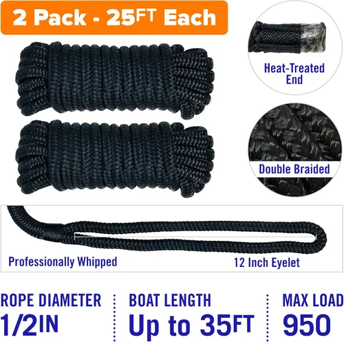 Miniatura 3 de Líneas de muelle para barcos de 1/2 pulgada x 25 pies, paquete de 2 cuerdas de nailon trenzado doble con bucle de 12 pulgadas, línea de amarre