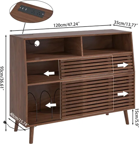 Miniatura 7 de Jluomei Soporte grande para tocadiscos, soporte para tocadiscos de mediados de siglo con puertas y estación de carga, mesa para tocadiscos
