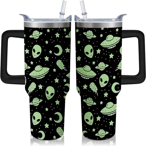 Vaso térmico de alienígena de 40 onzas con asa y pajita abatible, taza aislante de acero inoxidable para amantes de ovnis, taza de café de viaje,