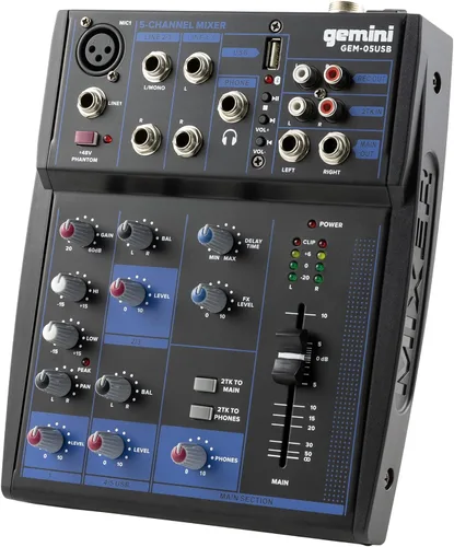 Gemini - Mezclador de audio Bluetooth de 5 canales - USB, FX, Phantom Power - Mezclador compacto para DJ y estudio, interfaz de audio para PC,