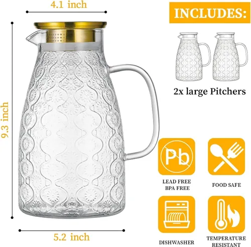 Miniatura 2 de Buaic - Jarra de vidrio con tapa y asa, 2 PAQUETES 68 oz/2 litros Diseño de flores vintage para refrigerador, jarra de agua de vidrio