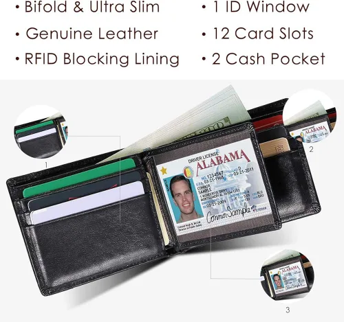 Miniatura 2 de Mens Wallet Slim Genuine Leather RFID Thin Bifold Wallets For Men Minimalist Front Pocket ID Window 12 Card Holders Gift Box