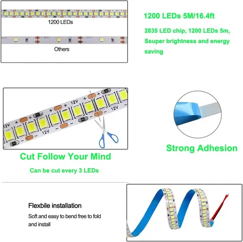 Miniatura 7 de SUYOOULIN Tira de luces LED, tira LED SMD 2835, DC12V 1200LEDs 16.4 pies, 26000 lm, tiras de luz LED de alta densidad, impermeables, IP65, 3 veces