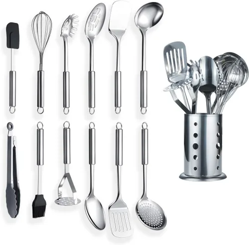 Berglander Juego de utensilios de cocina de acero inoxidable de 13 piezas con soporte, incluye cuchara de cocina, espátula, batidor, pinza de B. 13