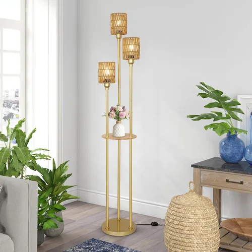 Miniatura 8 de Lámpara de pie bohemia con estantes, lámpara de pie alta de granja de 3 luces con interruptor de pie de encendido/apagado, lámparas de pie modernas