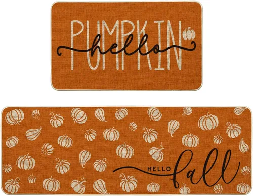Miniatura 10 de Artoid Mode Juego de 3 tapetes de cocina naranja con texto en inglés "Hello Pumpkin", decoración otoñal para el hogar, alfombras de cocina de bajo