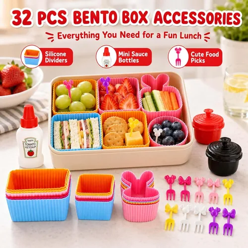 Miniatura 2 de Juego de 32 piezas de accesorios de caja Bento, divisores de silicona para lonchera, mini botella de ketchup, contenedor de aderezo para ensaladas