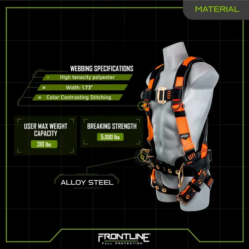Miniatura 3 de FRONTLINE FALL PROTECTION Arneses + Anillo en D + Múltiples Estilos + Cumple con OSHA y ANSI