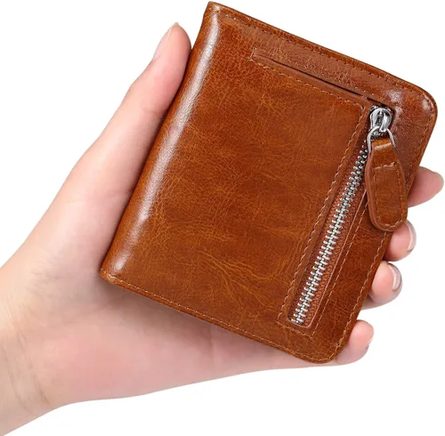 Miniatura 4 de Funtor Cartera de cuero para mujer, pequeña y compacta, con bolsillo doble, bloqueo RFID, para mujer