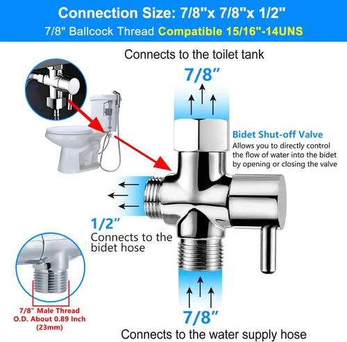 Miniatura 4 de Adaptador de bidé T con válvula de cierre: Válvula T de latón de 3 vías para bidé 7/8 "x 7/8" X 1/2" - Conector en T a prueba de fugas Ajuste