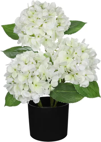 Miniatura 10 de Hollyone Flores artificiales de hortensias azules en maceta, flores grandes de seda de tres cabezas, arreglos florales falsos para interiores