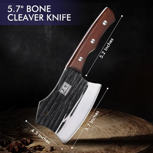 Miniatura 4 de ENOKING Cuchillo de carnicero de 5.7 pulgadas, cuchillo forjado a mano resistente para huesos con mango de madera, cuchillo de carnicero de espiga